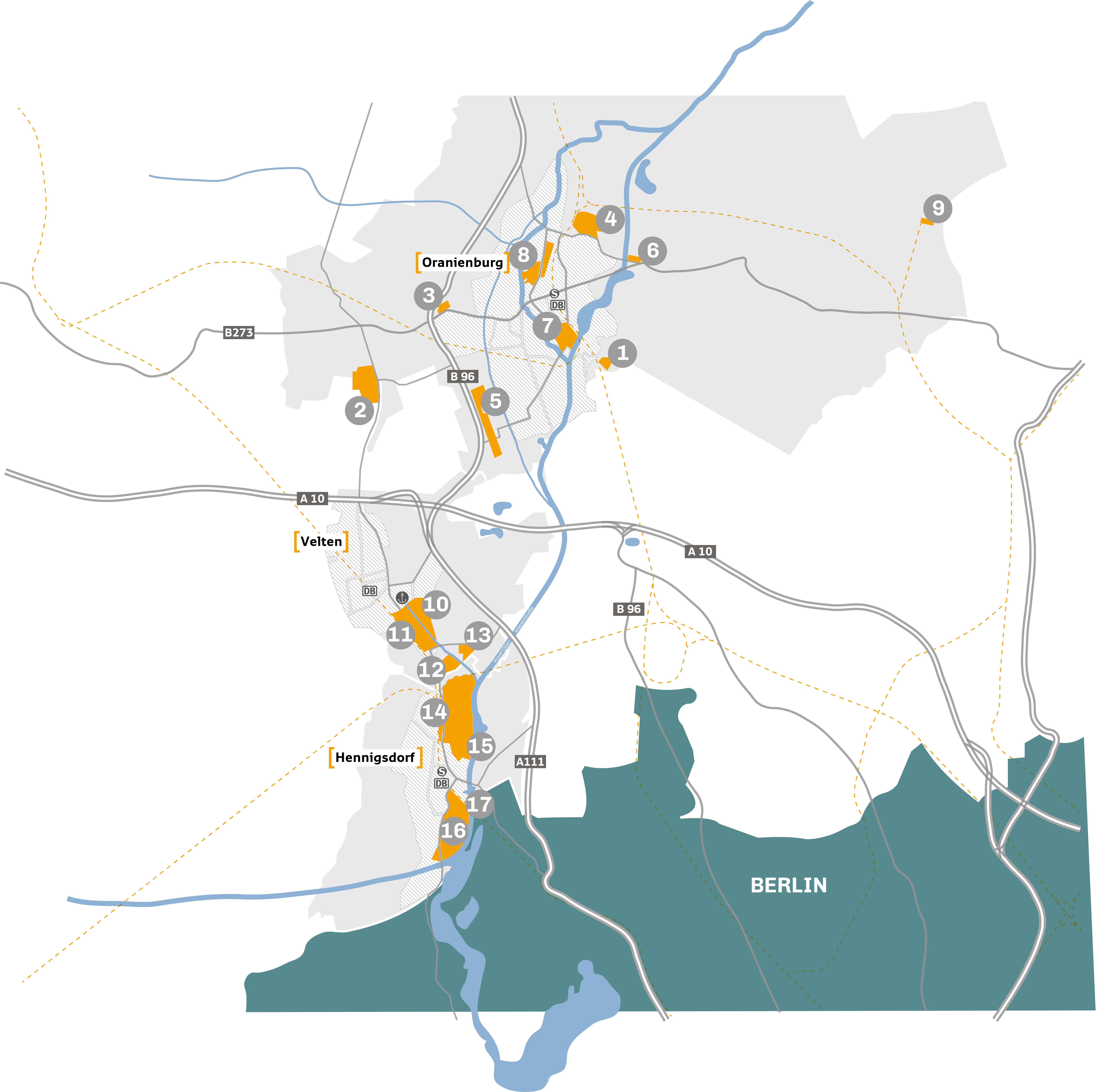 Karte der Städte Oranienburg, Hennigsdorf und Velten. Die Gewerbegebiete sind je mit einer Zahl von 1-17 nummeriert.