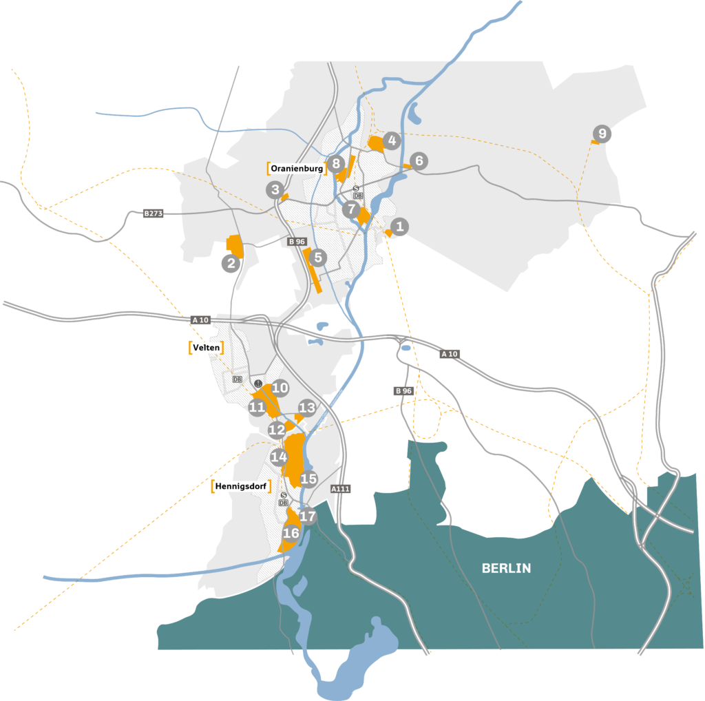 Karte der Städte Oranienburg, Hennigsdorf und Velten. Die Gewerbegebiete sind je mit einer Zahl von 1-17 nummeriert. 