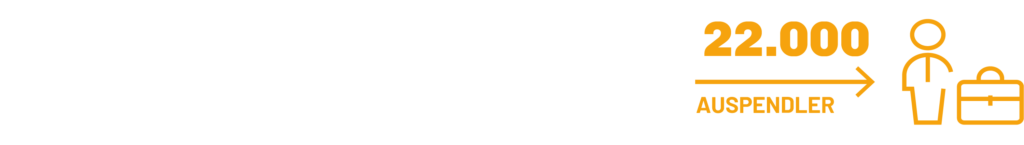 Es ist eine Figur mit einem Koffer zu sehen. Danach zeigt ein Pfeil nach rechts. Über dem Pfeil steht die Zahl 21.500. Unter dem Pfeil steht Einpendler. Dann kommt ein großes OHV Logo. Rechts von dem Logo zeigt ein Pfeil nach rechts. Über den Pfeil steht 22.000. Unter dem Pfeil steht Auspendler. Rechts von dem Pfeil steht eine Figur mit Koffer.