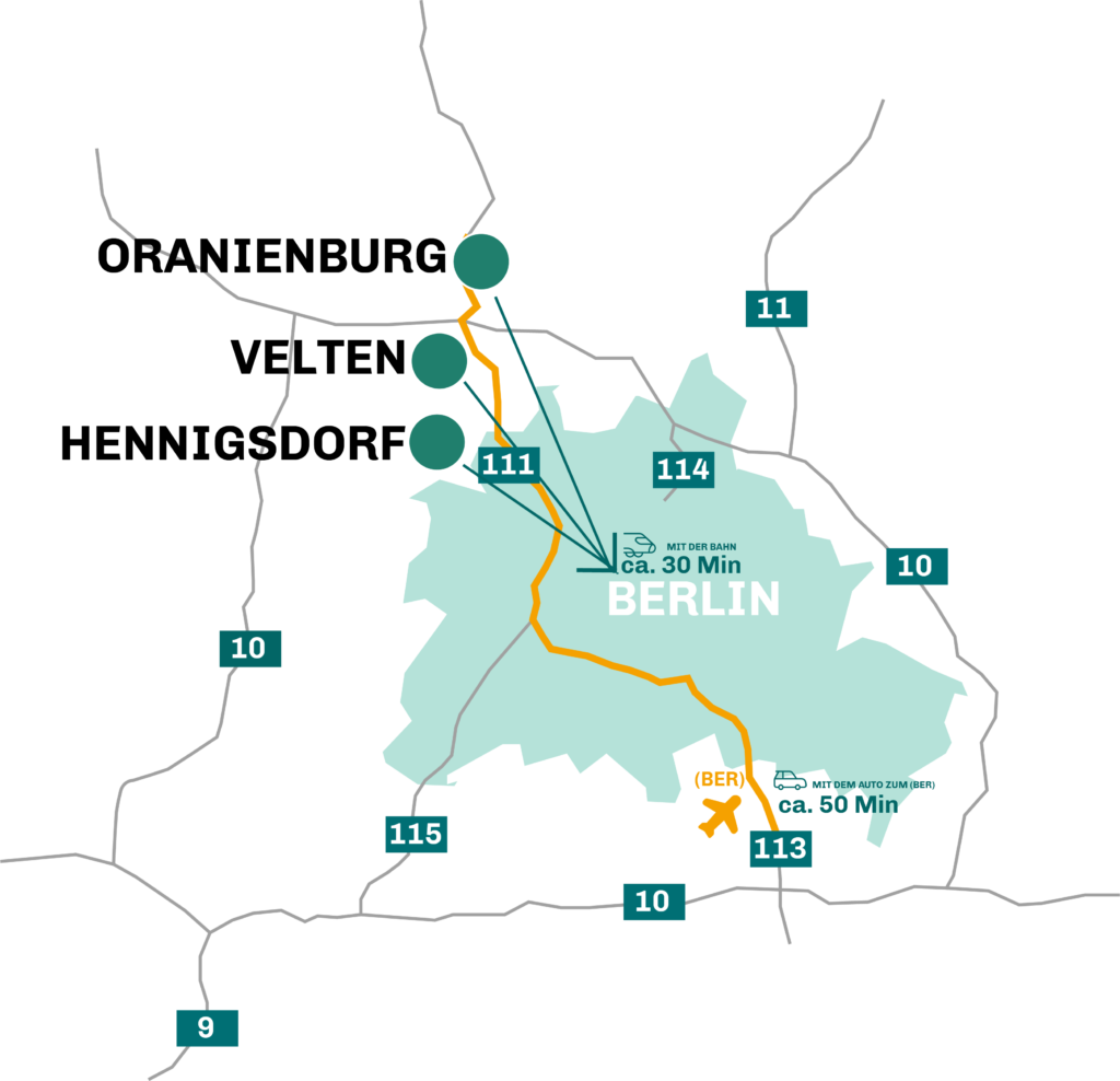 Karte von Berlin mit Drei Kreisen am nördlichen Rand. Die Kreise markieren die Standorte der Städte Oranienburg, Hennigsdorf und Velten. Je ein Pfeil zeigt in die Stadtmitte Berlin. Neben dieses Pfeilen steht "mit der Bahn ca. 30 Minuten". Eine orangene Linie zeigt von den Städten zum Flughafen Schönefeld. An der Linie sthen "mit dem Auto ca. 50 Minuten". 